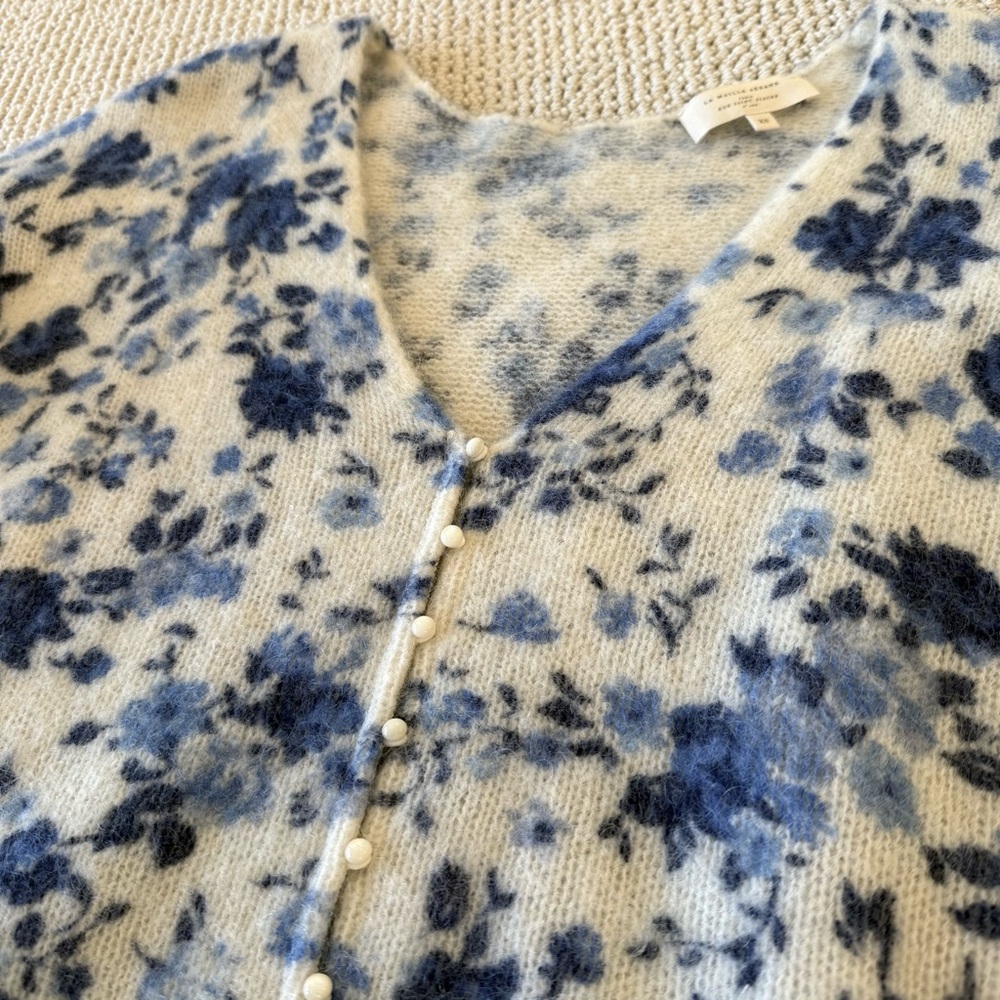 Sezane Lisette Cardigan - Floral Blue and White Wool/Mohair Cardigan Sweater